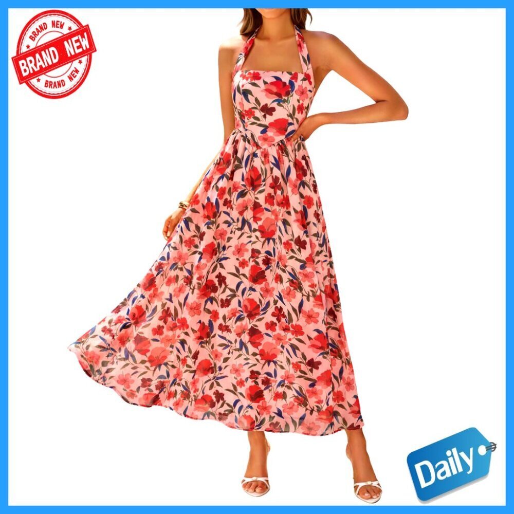 Summer Floral Halter Midi Dress Sleeveless High Waist A-Line Beach Casual